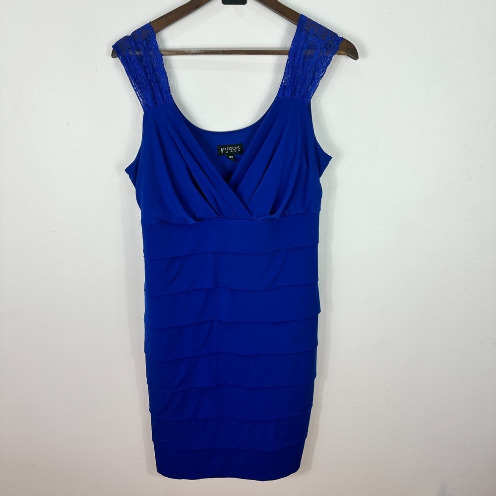 Enfocus Women Dress 14W Blue Sleeveless Lace Strap Tiered Bodycon Party Cocktail